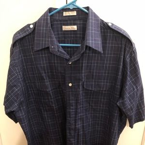 Christian Dior Men Button Up Short Sleeve Shirt Nave Blue Plaid size XL